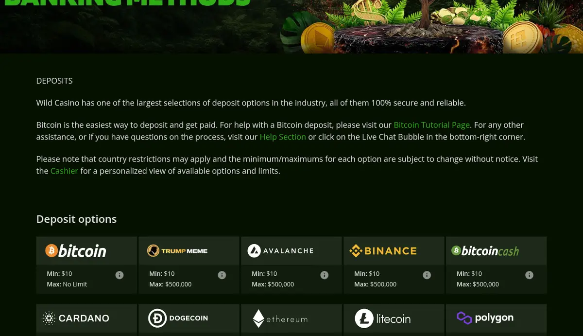 Wild Casino banking page: deposit options with minimum $10 and maximum $500,000 per coin (screenshot)